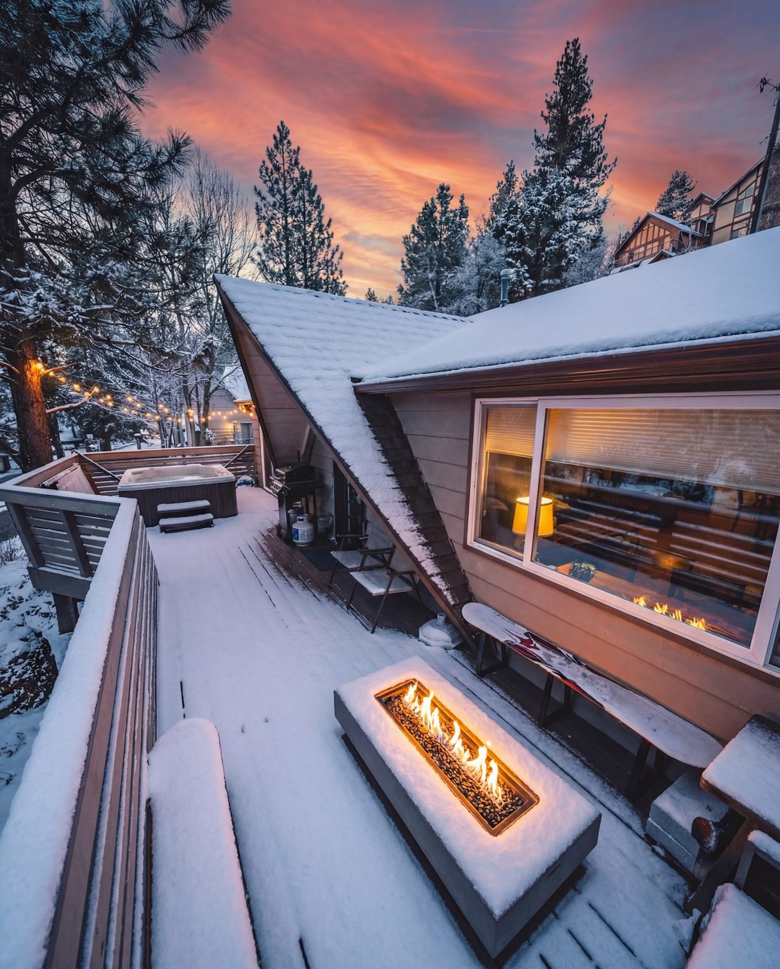 The deck at dusk under fresh snow, fire table lit